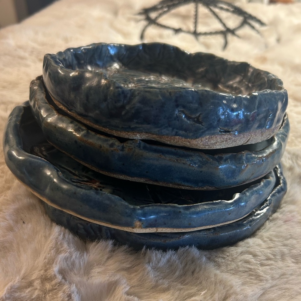 4 Handmade Unique Art Pottery Plates. 3-6” 1-5” Signed by Artist SP Raw Art